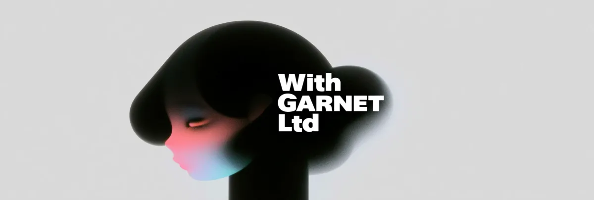 With Garnet Ltd wordmark set beside a sculpted form lit in the studio's pink and blue palette