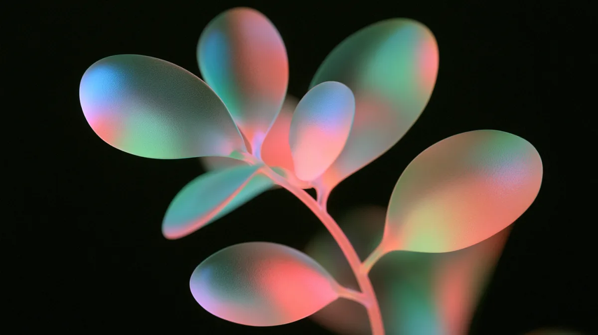 Render study of translucent leaf forms lit in pink and green