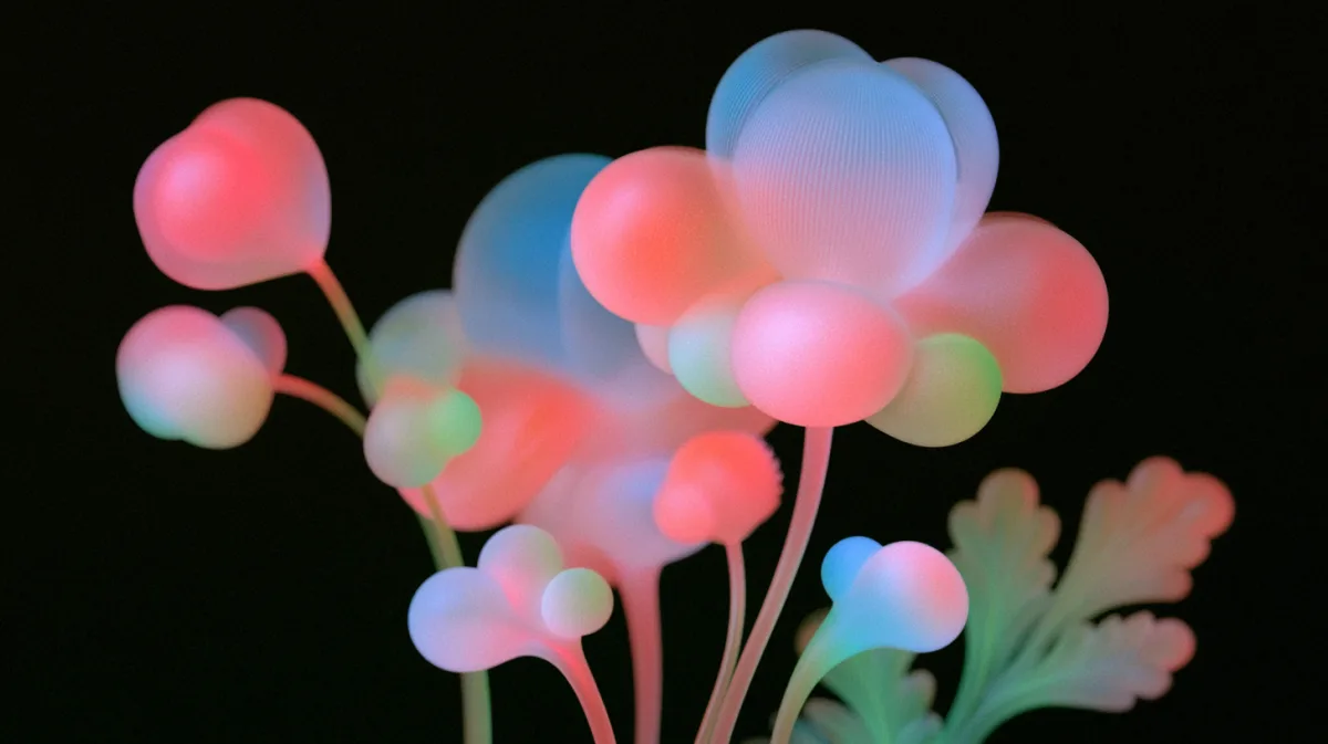 Render of clustered luminous forms produced by the studio's build pipeline test scene