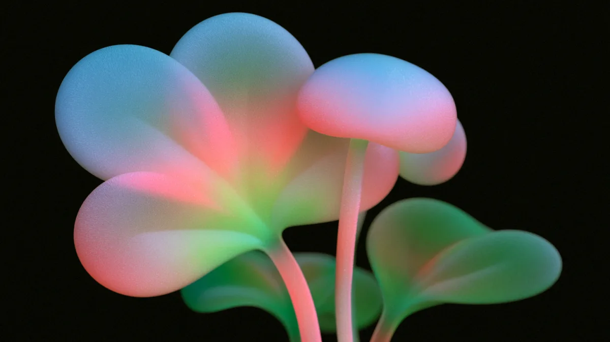 Render of translucent petal forms lit in the studio's pink and green palette