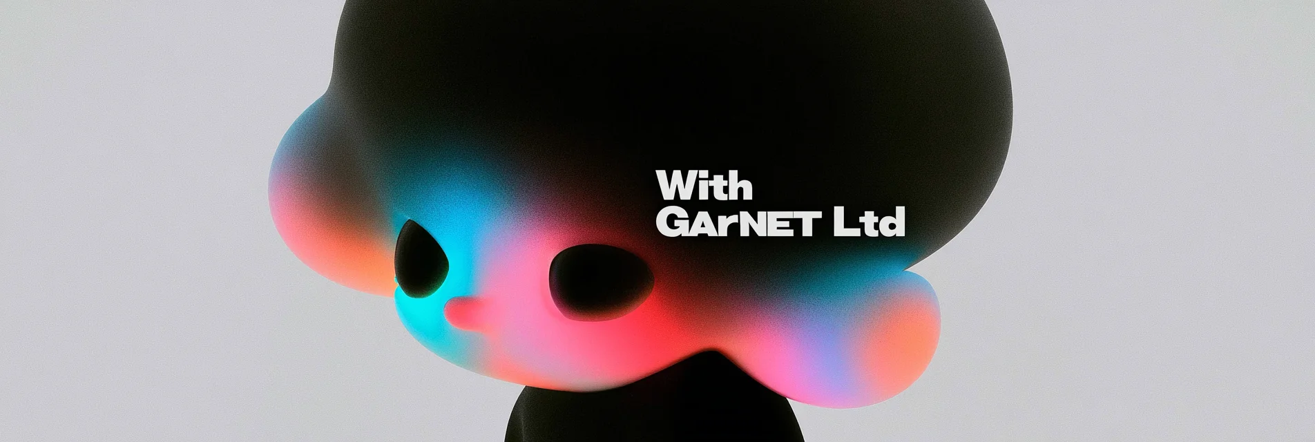 With Garnet Ltd wordmark beside a sculpted character lit in the studio's pink and cyan palette