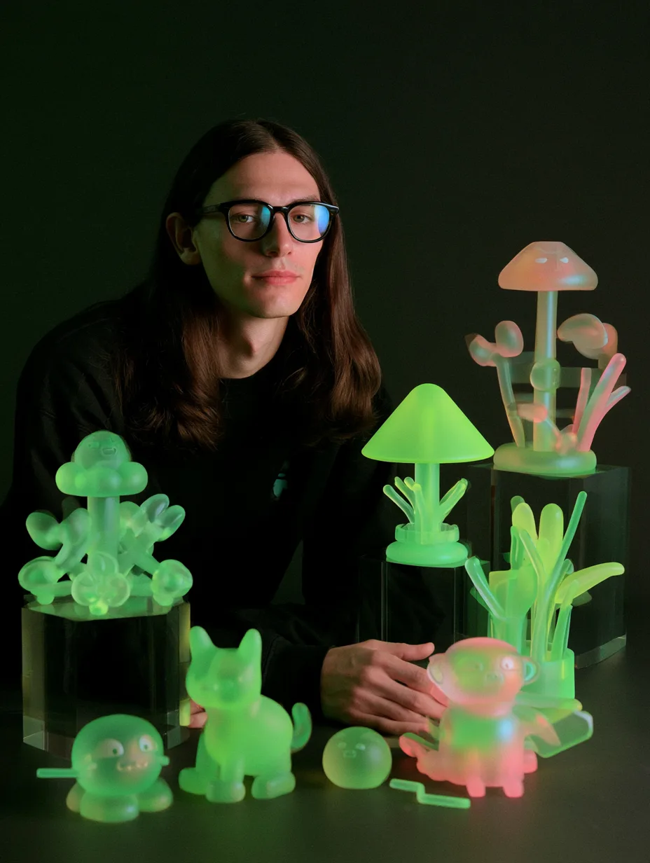 Studio director photographed with a shelf of resin character prints