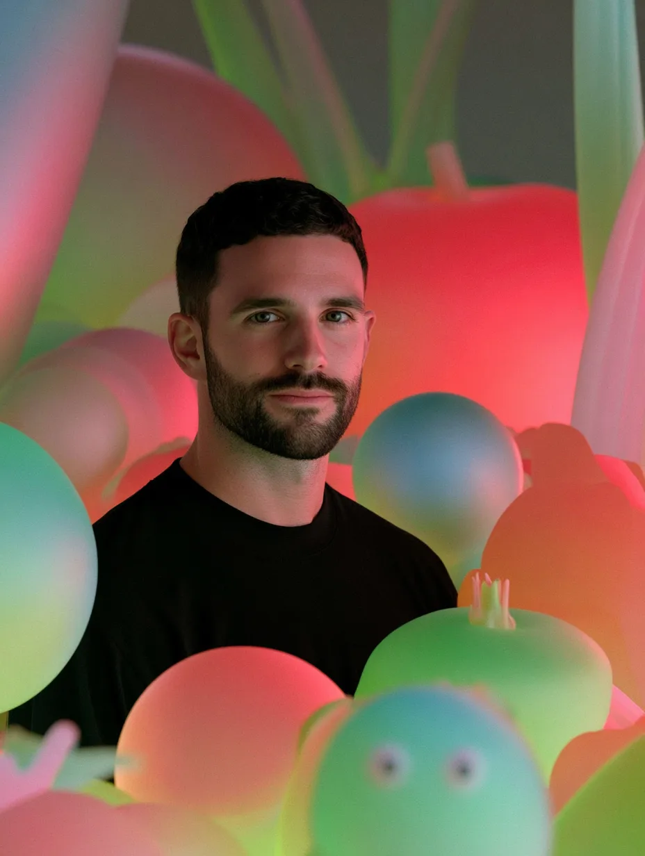 Producer photographed among illuminated set pieces